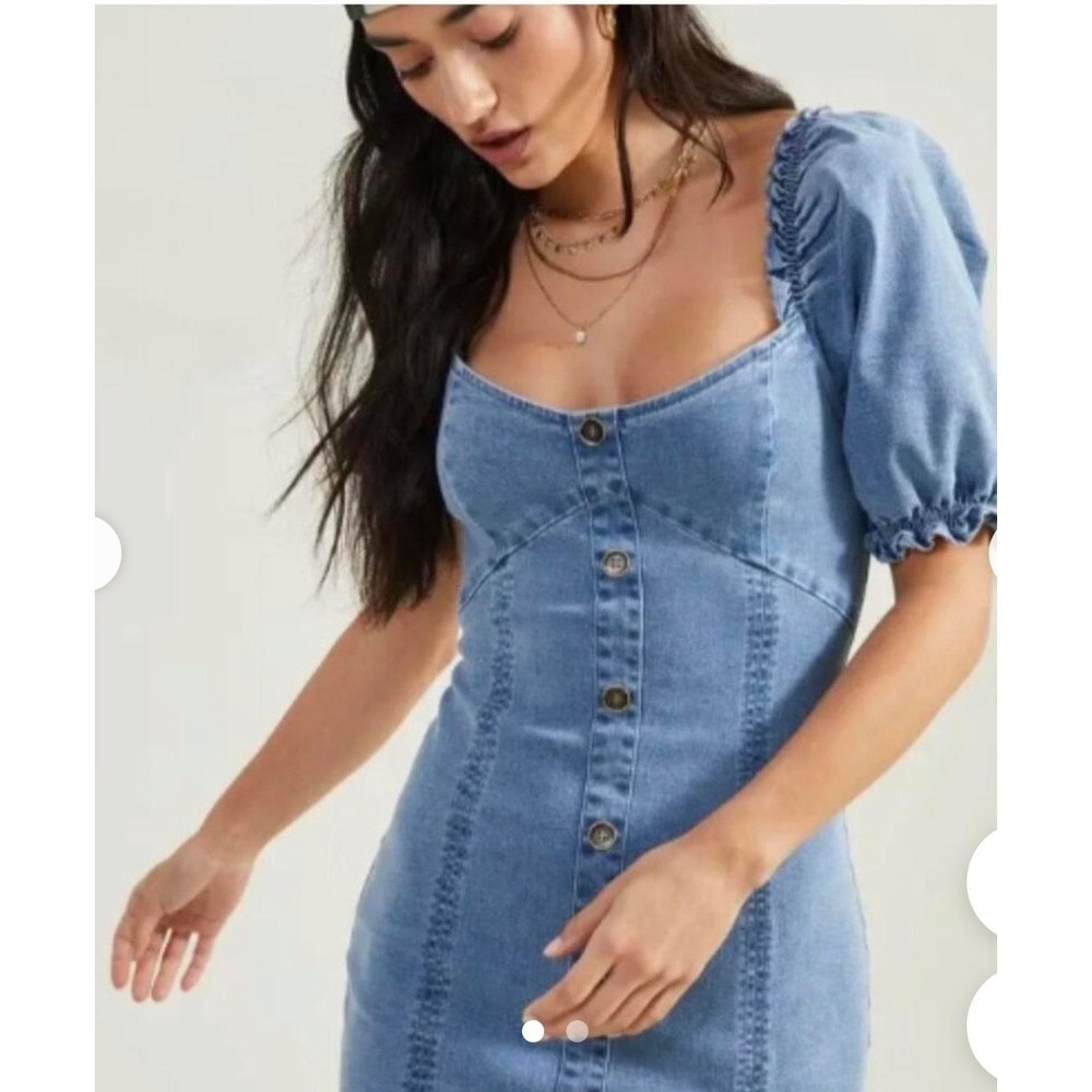 Altar'd State Blue Denim Puff Sleeve Button Front Mini Dress Large